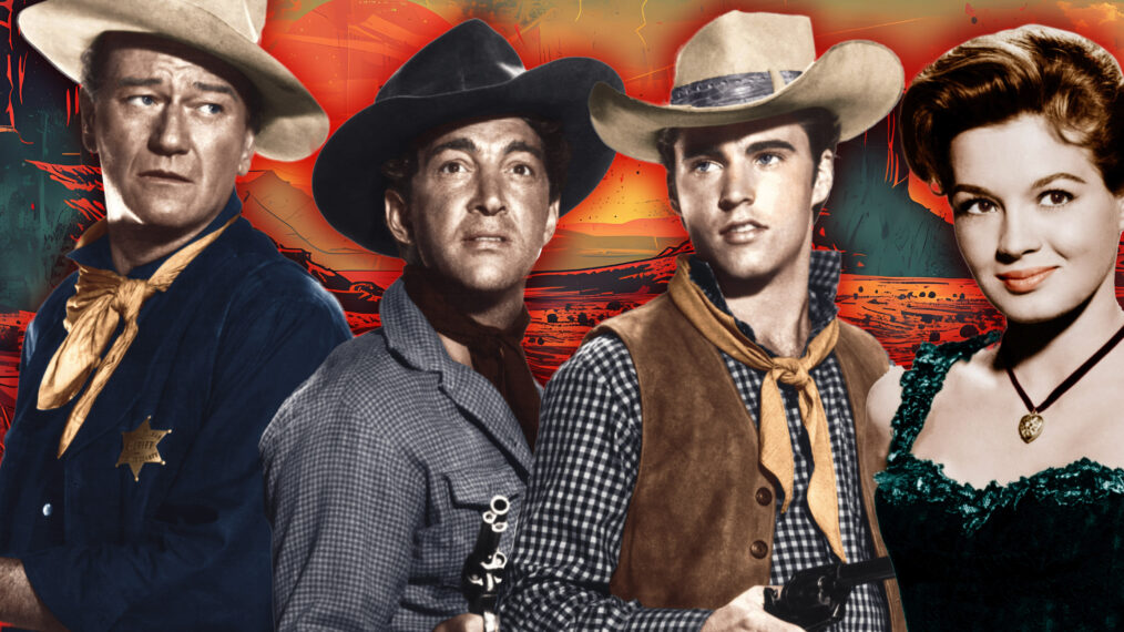 RIO BRAVO, from left: John Wayne, Dean Martin, Ricky Nelson, Angie Dickinson in 1959 with western themed background