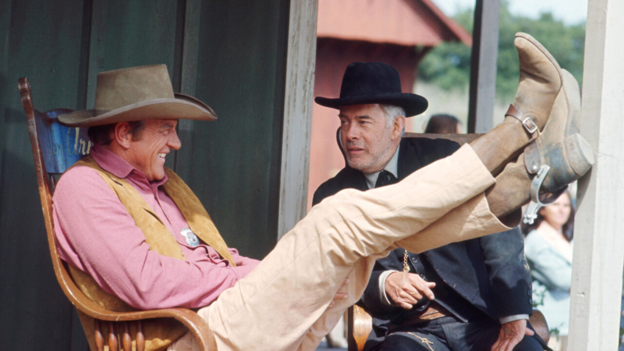 GUNSMOKE, from left: James Arness, Harry Morgan, on set, (ca. 1970), 1955-1975. photo: Lee Green/TV Guide/courtesy Everett Collection