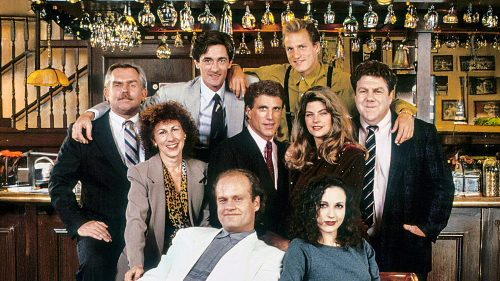CHEERS, (top row:) John Ratzenberger, Roger Rees, Woody Harrelson, (middle row:) Rhea Perlman, Ted Danson, Kirstie Alley, George Wendt, (front row:) Kelsey Grammer, Bebe Neuwirth, 1982-1993.