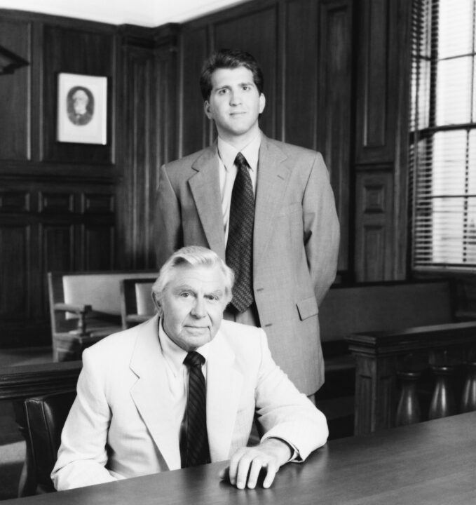 MATLOCK, from left: Andy Griffith (seated), Daniel Roebuck, 'The Accused', (Season 9, episode 901, aired October 13, 1994), 1986-1995.