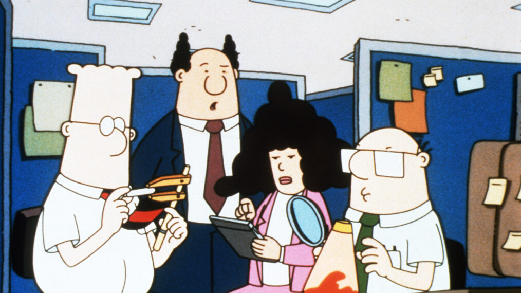DILBERT, from left: Dilbert, Pointy-Haired Boss, Alice, Wally, 1999-2000