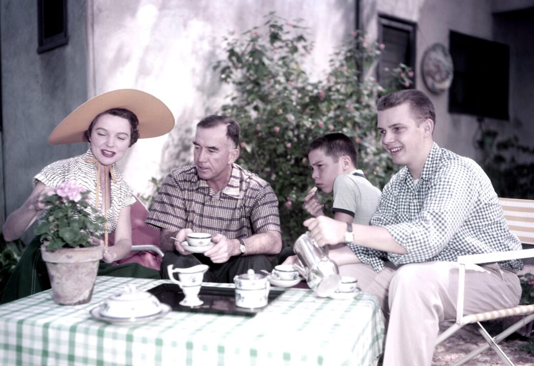 Jane Wyatt, at home with her husband, Edgar Bethune Ward, and their sons, Christopher Ward (far right) and Michael Ward, 1955.
