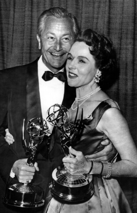 ROBERT YOUNG and co-star JANE WYATT receiving Emmy awards for FATHER KNOWS BEST, 1958