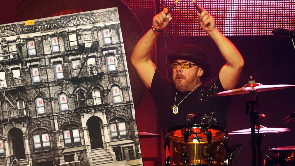 Drummer Jason Bonham, of Jason Bonham's Led Zeppelin Experience performing at The Pantages Theatre on November 23, 2010 in Hollywood, California with Physical Grafaffiti albumn inset