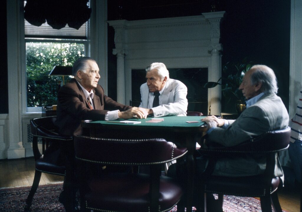 MATLOCK, from left: Milton Berle, Andy Griffith, Phil Leeds, 'The Last Laugh', season 8, ep. 6, aired 11/4/1993, 1986-1995.