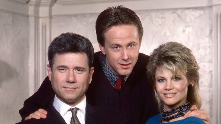 NIGHT COURT, from left: John Larroquette, Harry Anderson, Markie Post, 1984-92.