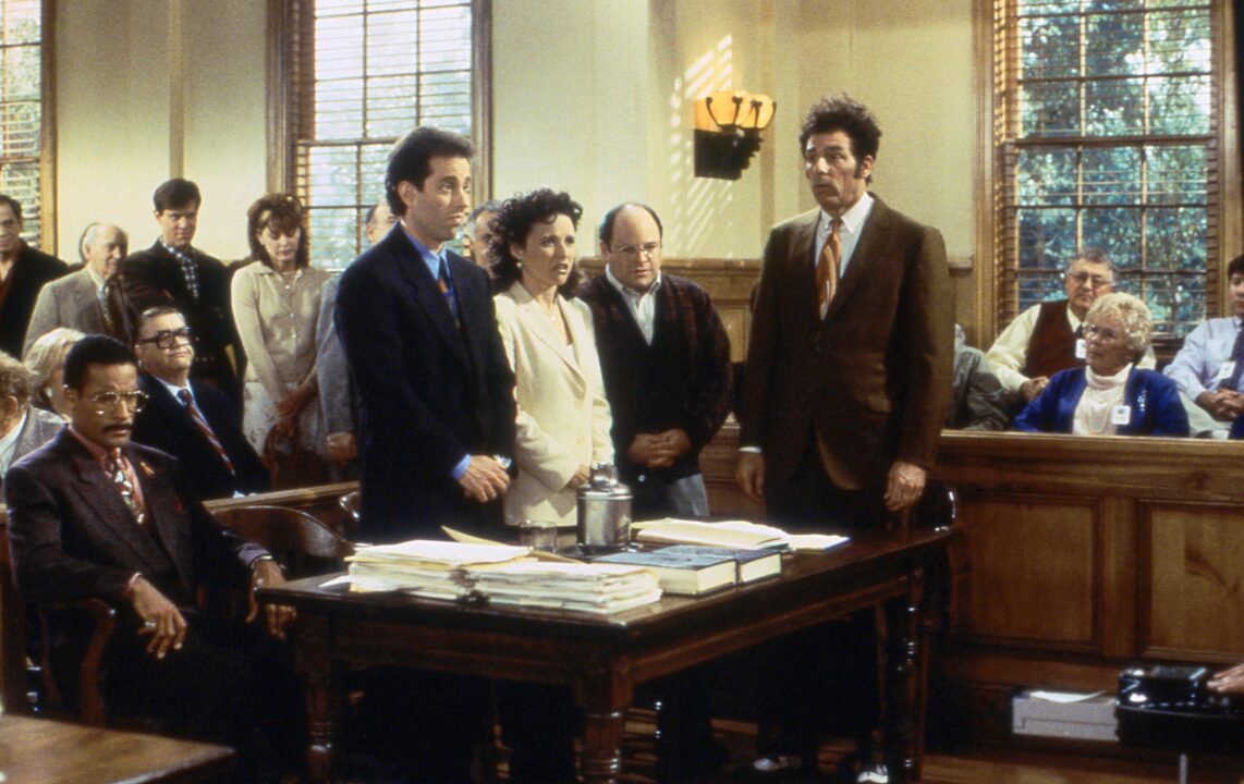 SEINFELD, from left: Phil Morris, Jerry Seinfeld, Julia Louis-Dreyfus, Jason Alexander, Michael Richards, The Final Episode, (Season 9, ep. 923, aired May 14, 1998), 1990-98.