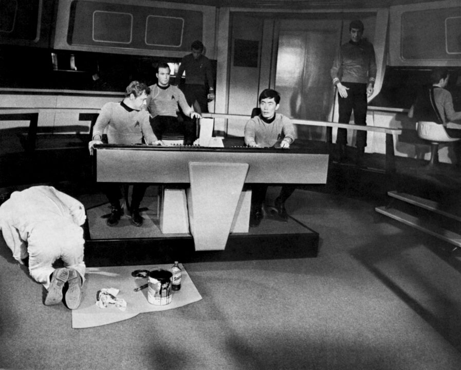STAR TREK, William Shater (2nd from left), George Takei (3rd from right), Leonard Nimoy (2nd from right) on-set, 1966-69