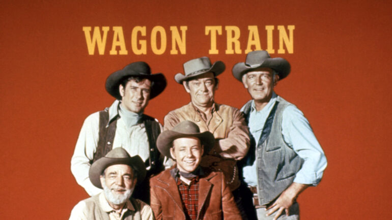 WAGON TRAIN, (back row, l to r): Robert Horton, John McIntire, Terry Wilson, (front): Frank McGrath, Michael Burns, 1957-65