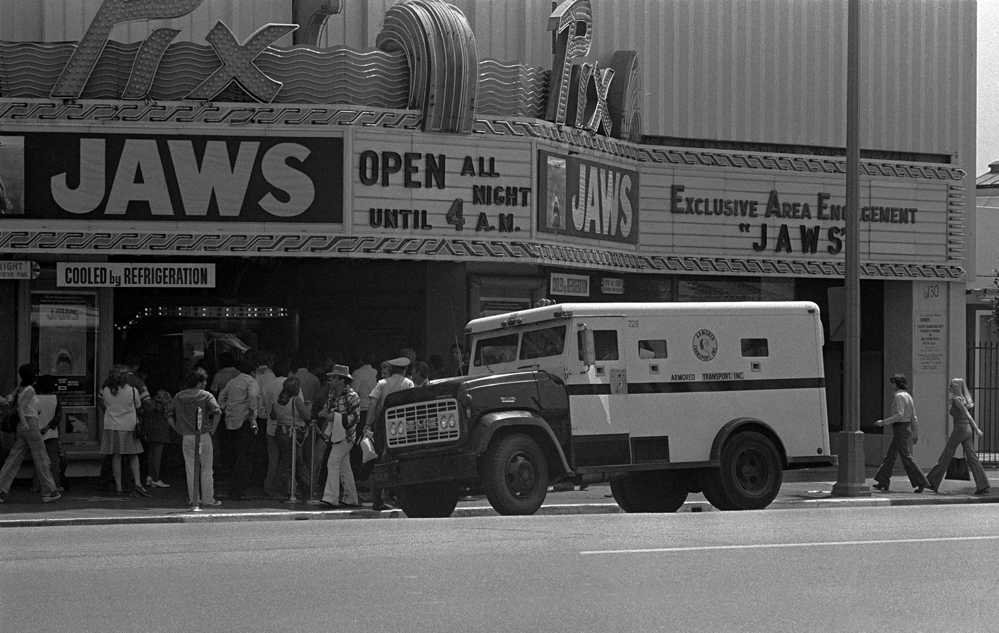 View of the Pix movie theatre on Hollywood Blvd. during opening first days of the movie Jaws, Hollywood, CA 1975.