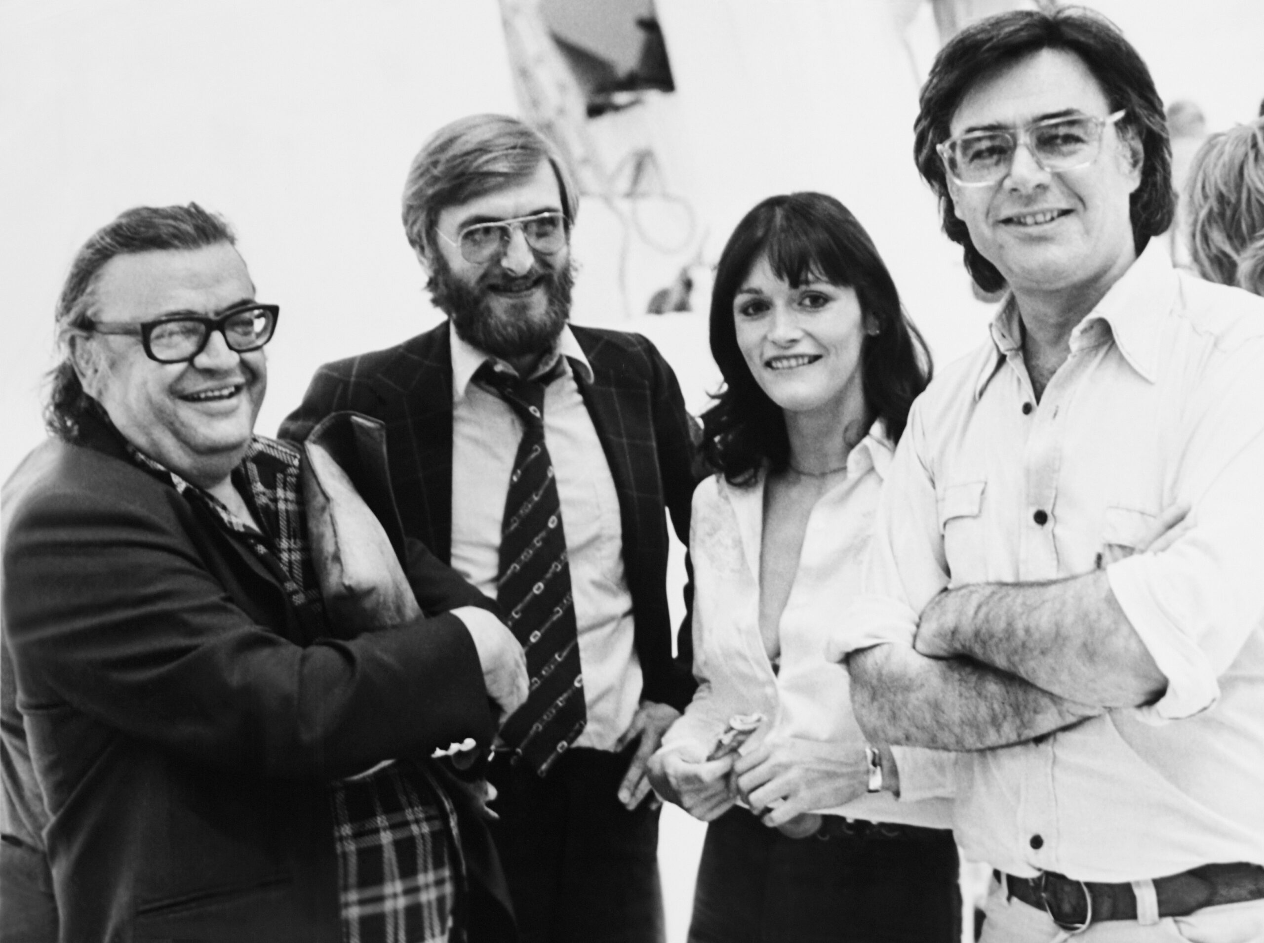 SUPERMAN, from left: screenwriter Mario Puzo, producer Piere Spengler, Margot Kidder, director Richard Donner on set, 1978,