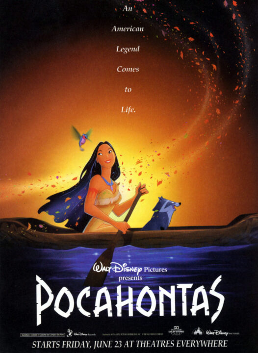 POCAHONTAS, l-r: Flit, Pocahontas, Meeko on poster art, 1995