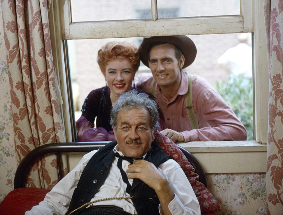 GUNSMOKE, from left: Amanda Blake, Milburn Stone (front), Dennis Weaver, (1962), 1955-1975.
