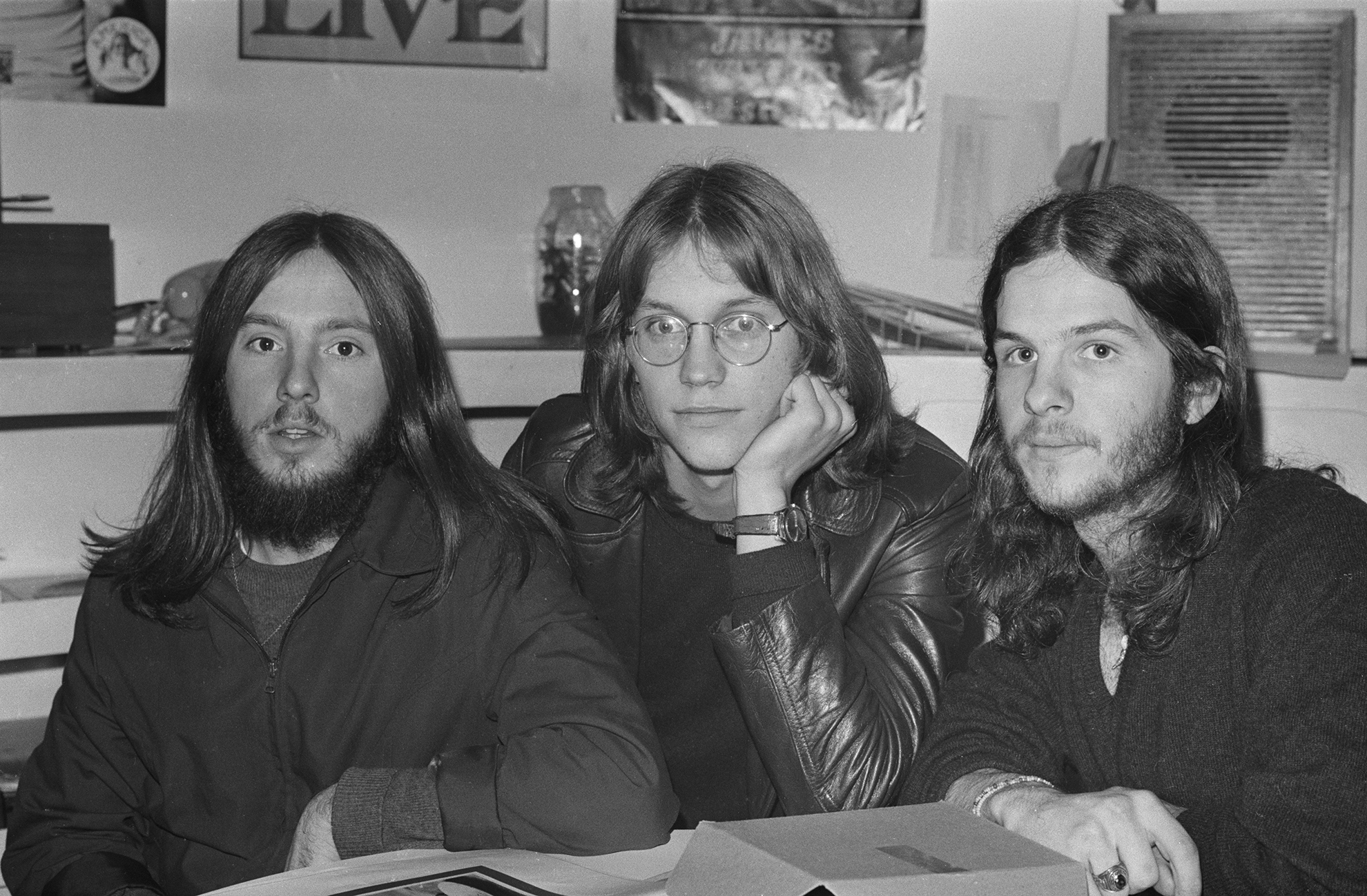 American folk rock band America posed together in London on 3rd February 1972. The band members are, from left, Dewey Bunnell, Gerry Beckley and Dan Peek (1950-2011).