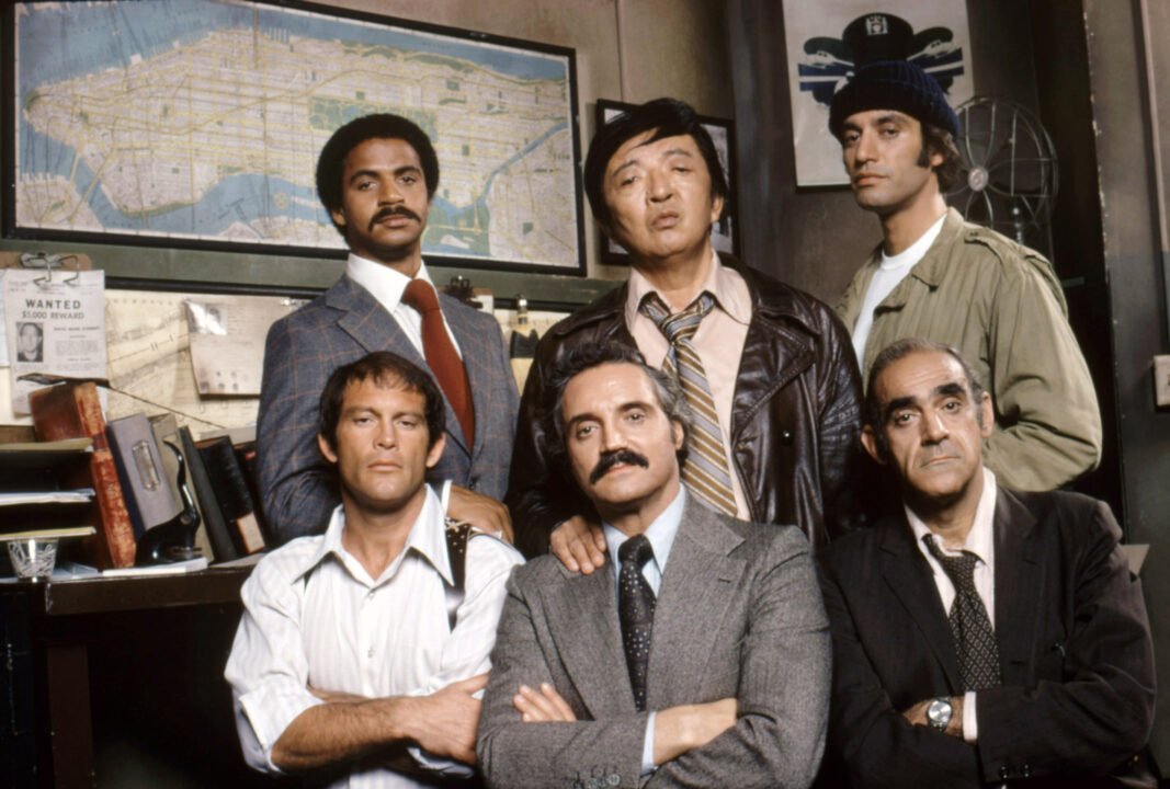 BARNEY MILLER, standing from left: Ron Glass, Jack Soo, Gregory Sierra, sitting from left: Max Gail, Hal Linden, Abe Vigoda, 1975-82.