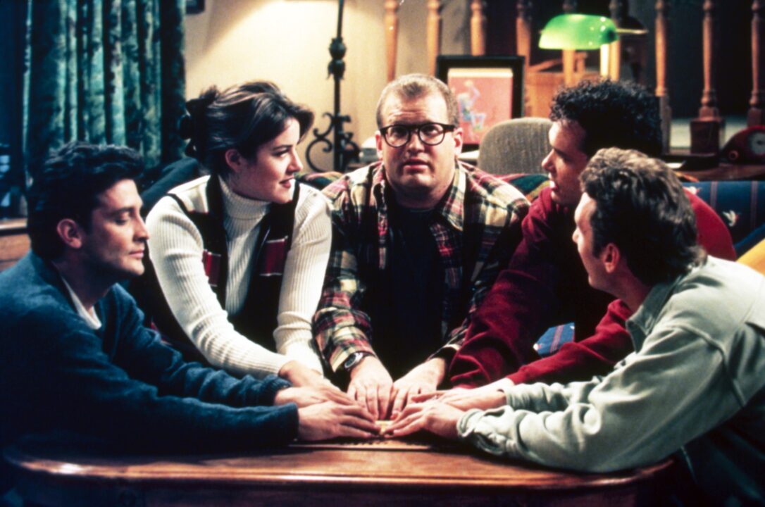 THE DREW CAREY SHOW, from left: Robert Torti, Christa Miller, Drew Carey, Diedrich Bader, Ryan Stiles, 'There Is No Scientific Name for a Show About God', season 1, ep. 15, aired: 1/17/1996, 1995-2004.