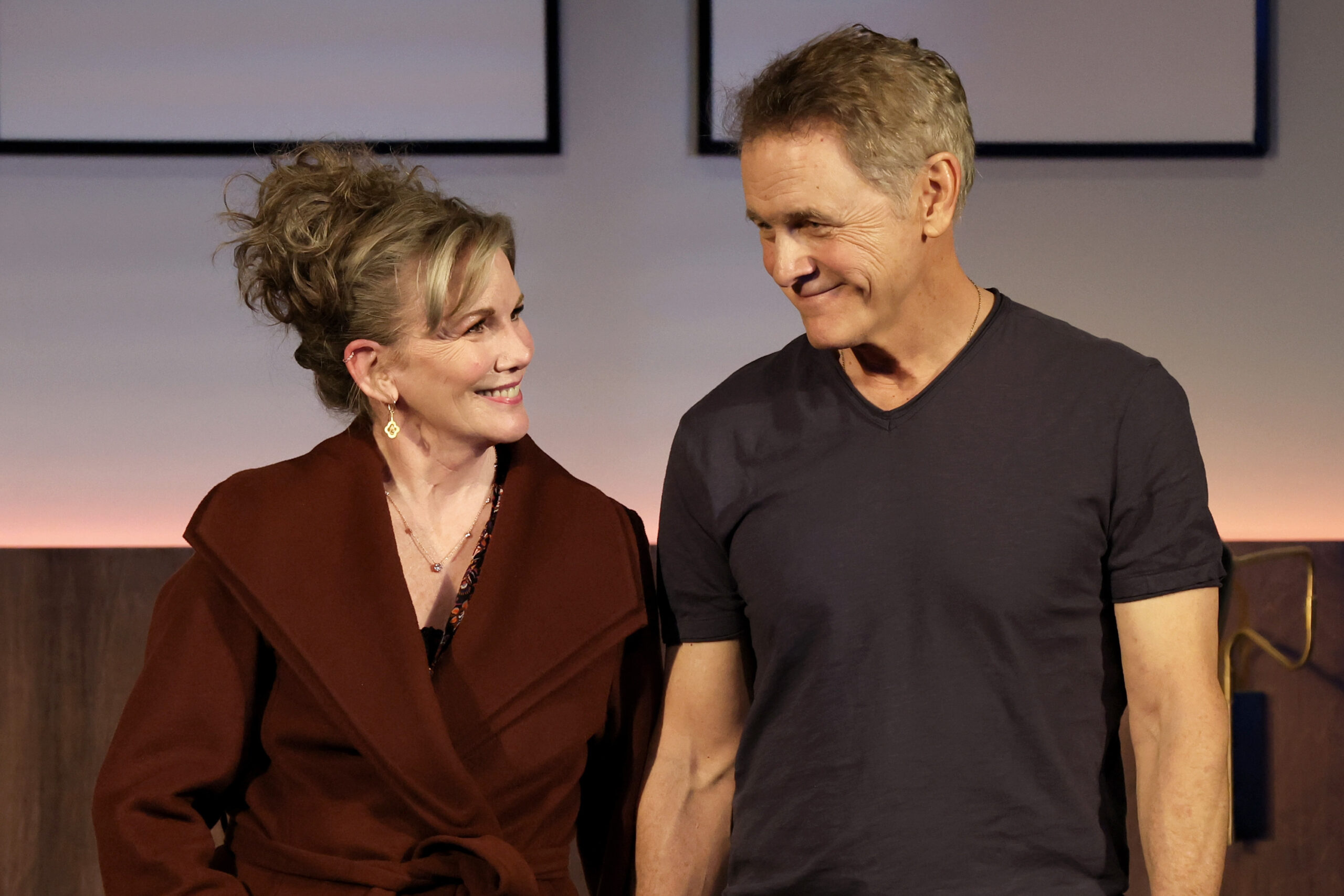 NEW YORK, NEW YORK - FEBRUARY 06: (L-R) Melissa Gilbert and Mark Moses curtain call during the 