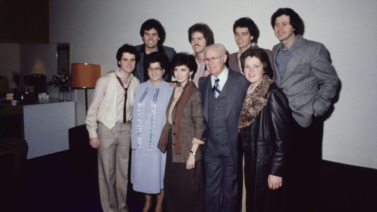 American musical family The Osmonds in London, January 1979. From left to right, they are (front row) Donny, Olive, Marie, George, Jimmy; (back row) Alan, Merrill, Jay and Wayne