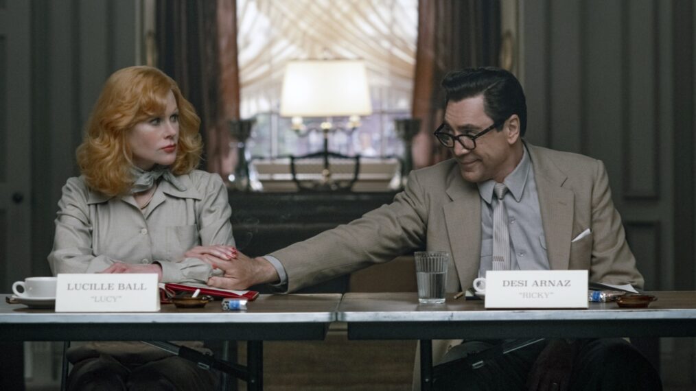 BEING THE RICARDOS, from left: Nicole Kidman as Lucille Ball, Javier Bardem as Desi Arnaz,, 2021.