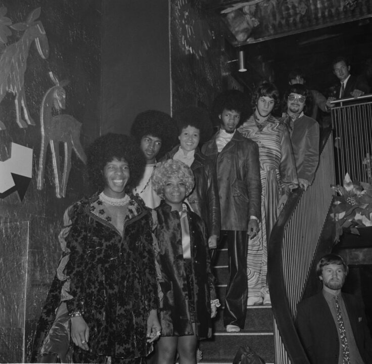American band Sly and the Family Stone at Hatchetts Club in Piccadilly, London, 11th September 1968. From left to right, they are Sly Stone, Rose Stone, Larry Graham, Cynthia Robinson, Freddie Stone, Greg Errico and Jerry Martini.