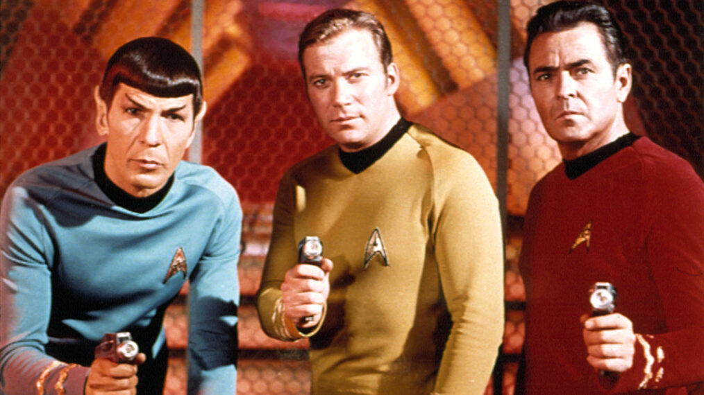 STAR TREK, Leonard Nimoy, William Shatner, James Doohan, with phasers, 1966-1969.