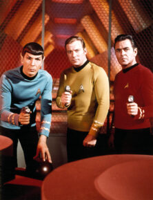 STAR TREK, Leonard Nimoy, William Shatner, James Doohan, with phasers, 1966-1969.