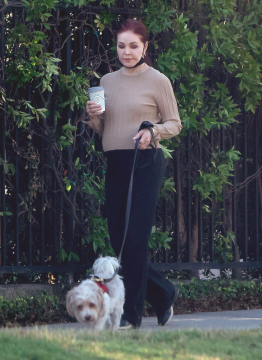 EXCLUSIVE. Coleman-Rayner Los Angeles, CA, USA. July 10, 2025 ***VIDEO AVAILABLE*** Priscilla Presley, 80, shows her down to earth side by picking up poop on a morning dog walk near her home in Los Angeles. The ex-wife of rock god Elvis, who amassed a net worth of $30 million thanks to her own stellar entertainment career that included a long stint on TV series Dallas, was out and about early on the morning of July 10, 2025. She wore black pants, a beige long sleeve shirt and a face mask whilst carrying a cup of coffee. CREDIT MUST READ: Coleman-Rayner Tel US (001) 310-474-4343 – office www.coleman-rayner.com