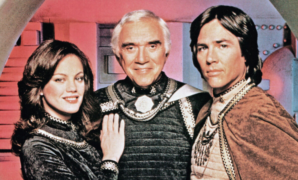 BATTLESTAR GALACTICA, (from left): Maren Jensen, Lorne Greene, Richard Hatch, 1978-79.