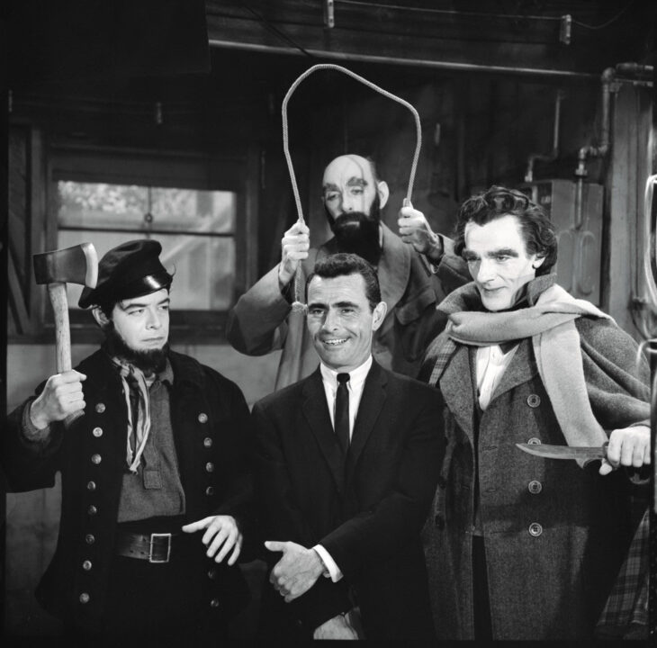 TWILIGHT ZONE episode: "The New Exhibit" with (from left to right) Bob Mitchell as wax figure depicting murderer Albert W. Hicks, Milton Parsons as wax figure Henri Desire Landru and David Bond as figure Jack the Ripper. Program host Rod Serling is in the foregound. Original airdate: April 4, 1963. Neg dated: February 12, 1963.
