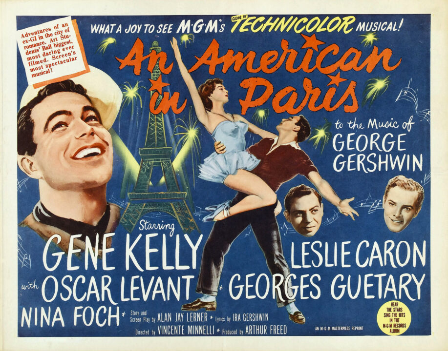 AN AMERICAN IN PARIS, from left: Gene Kelly, Leslie Caron, Gene Kelly, Oscar Levant, Georges Guetary, 1951