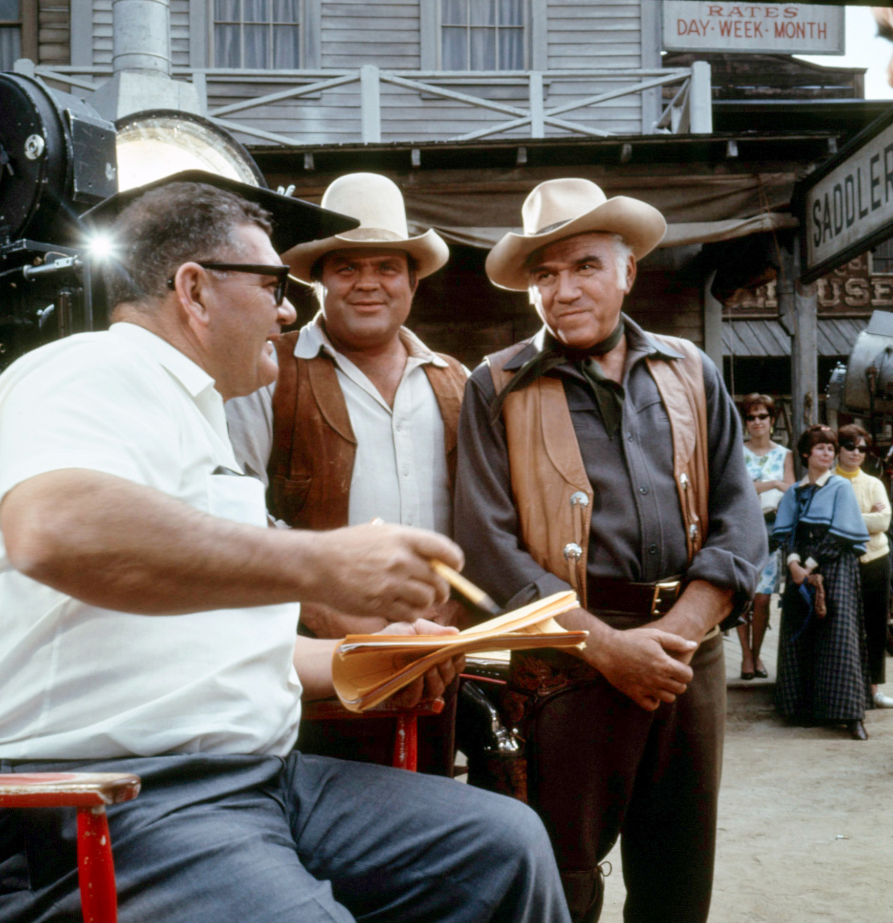 BONANZA, Dan Blocker, Lorne Greene, on set, 1959-73