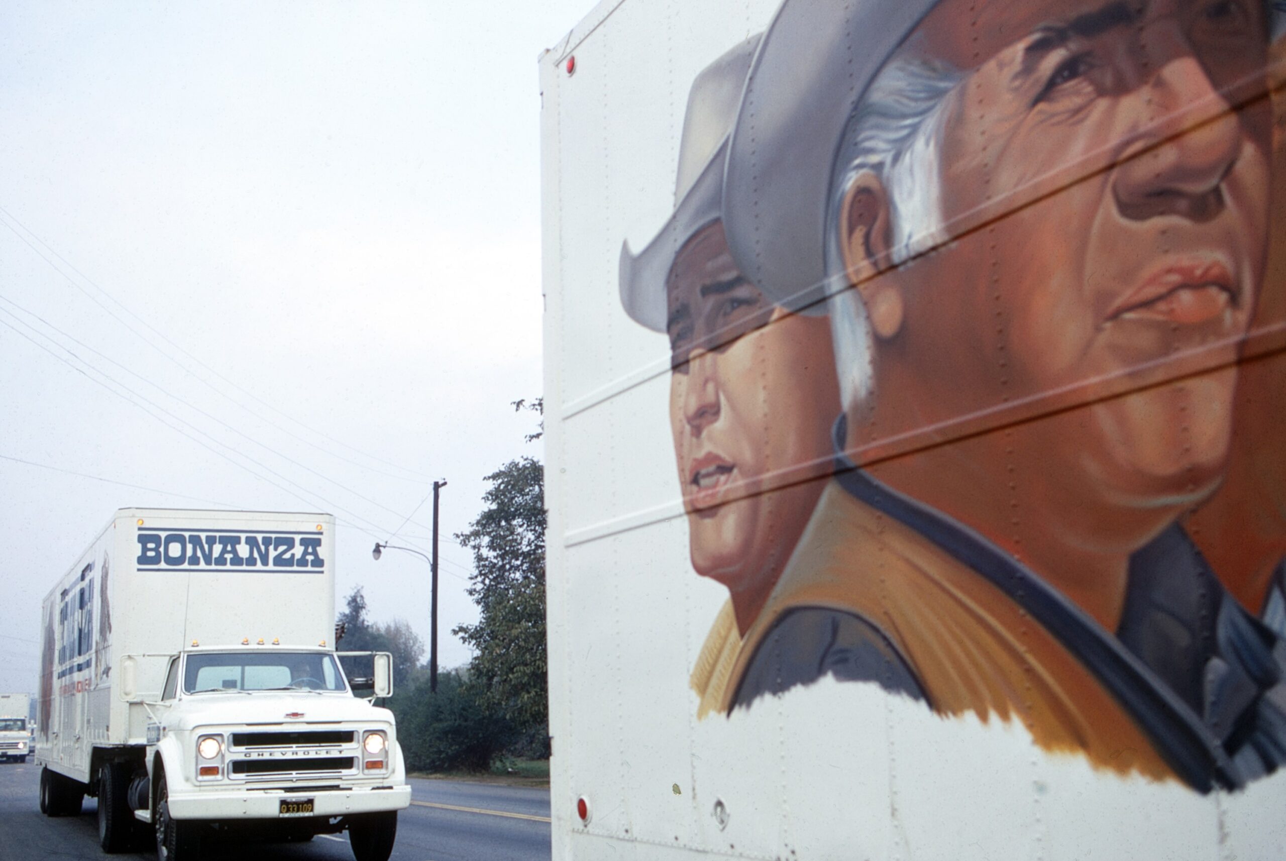 BONANZA, from left: Michael Landon, Lorne Greene, on set trucks, 1967, 1959-1973.