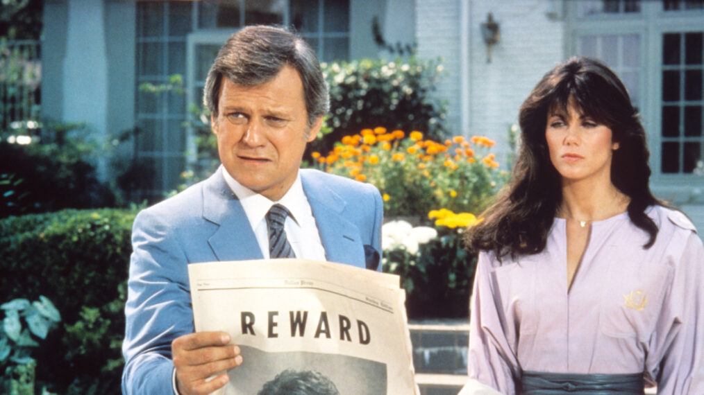 DALLAS, (from left): Ken Kercheval, John Beck (photograph in newspaper), Deborah Shelton, (Season 8), 1978-91.