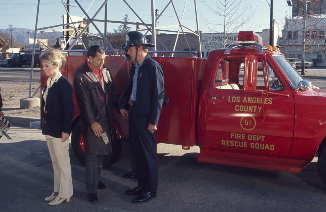 EMERGENCY!, from left: Julie London, director Jack Webb, Kevin Tighe, on set, 1972-1978