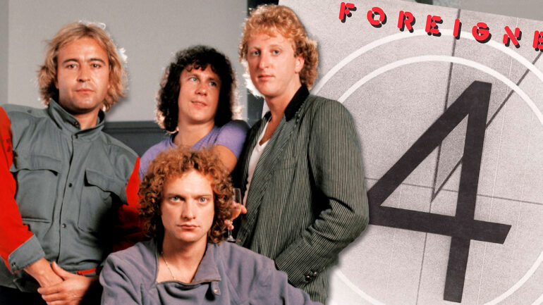 Photo of FOREIGNER; Mick Jones, Dennis Elliott, Rick Willis, Lou Gramm (front) with record composite