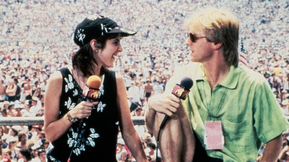 Martha Quinn, Alan Hunter, (MTV VJs) covering Live Aid, Philadelphia, PA, 1985