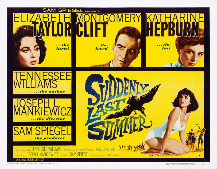 SUDDENLY, LAST SUMMER, US poster art, top from left: Elizabeth Taylor, Montgomery Clift, Katharine Hepburn; bottom right: Elizabeth Taylor, 1959