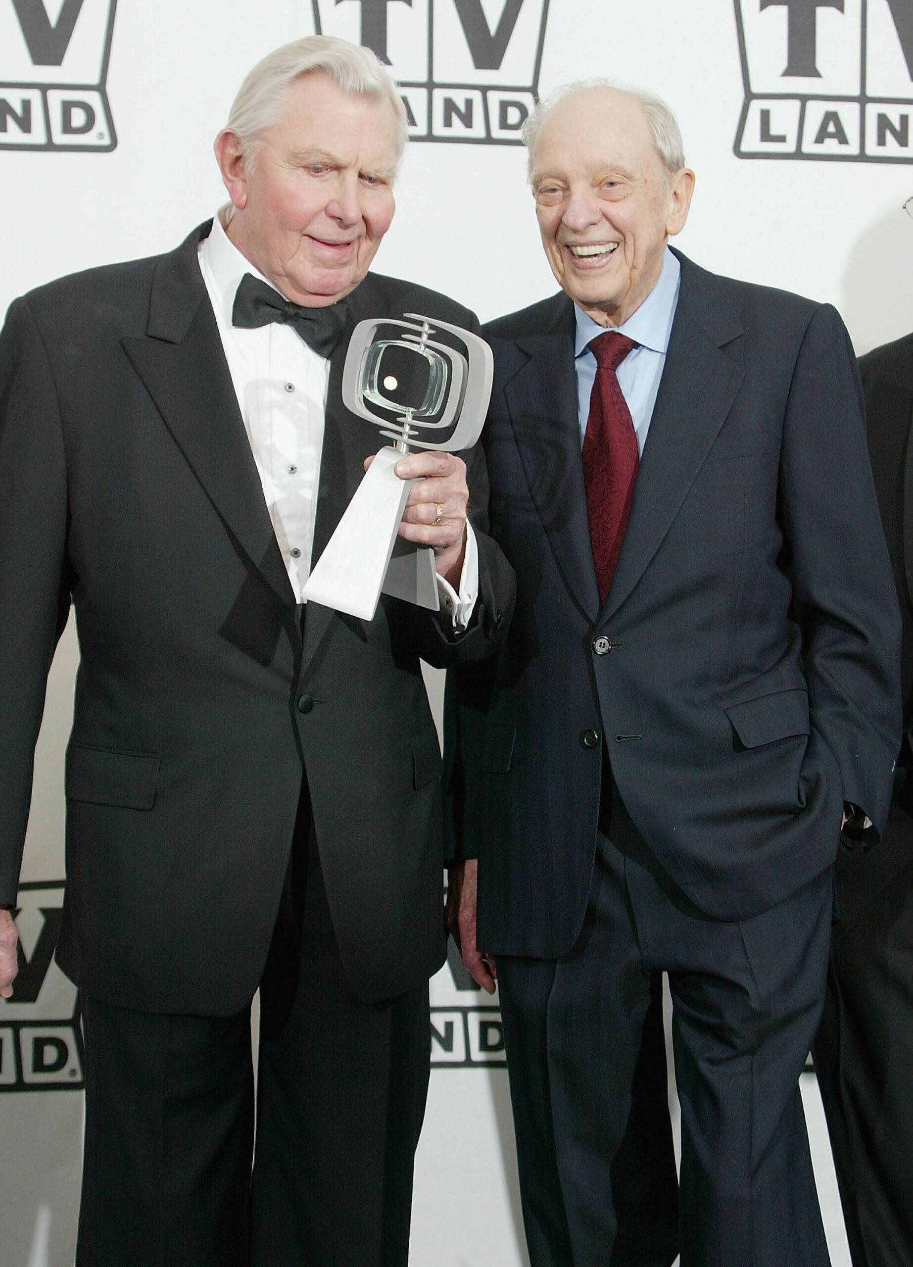 Actor Andy Griffith with his award and actor Don Knotts pose backstage at the 2nd Annual TV Land Awards held on March 7, 2004 at The Hollywood Palladium, in Hollywood, California.