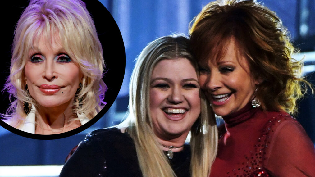 Kelly Clarkson (L) and Reba McEntire with Dolly Parton inset photo