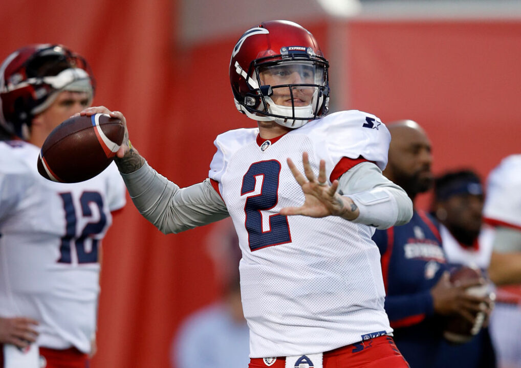 Johnny Manziel #2 of the Memphis Express warms up before taking on the the Birmingham Iron during their Alliance of American Football game at Liberty Bowl Memorial Stadium on March 24, 2019 in Memphis, Tennessee