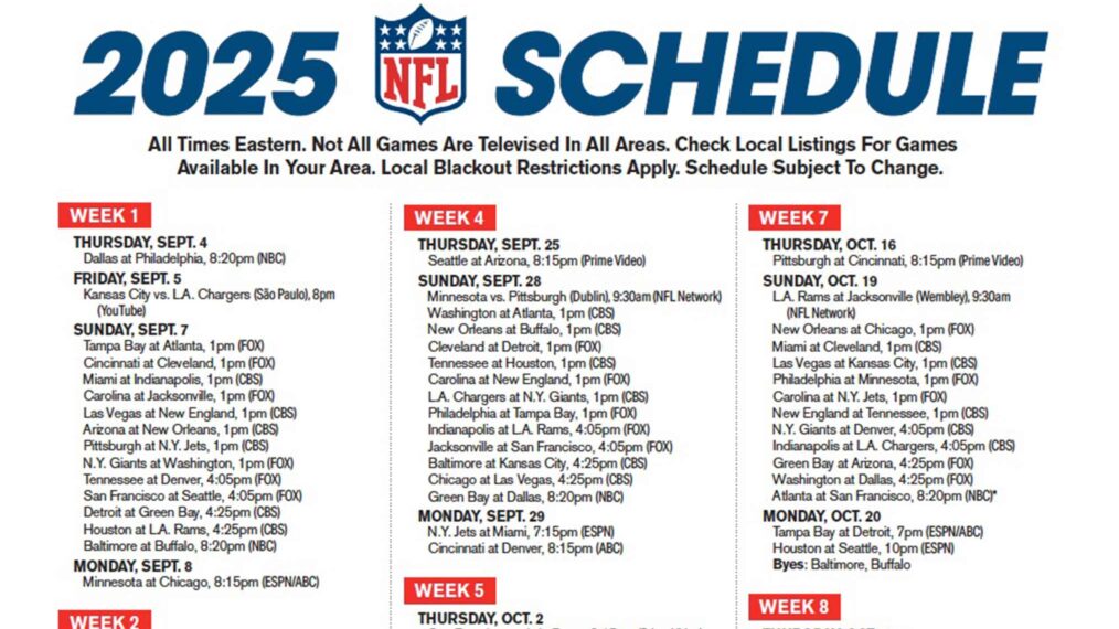 Get Your Free Printable NFL 2025 TV Schedule 