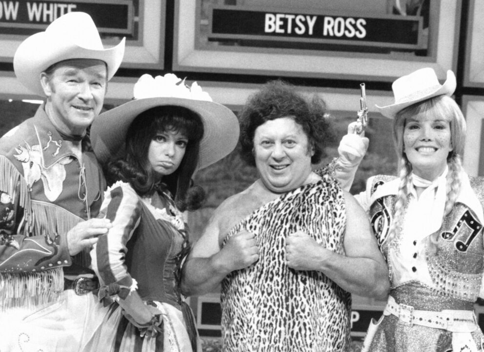 THE HOLLYWOOD SQUARES, from left: Roy Rogers, Karen Valentine, Marty Allen, Nanette Fabray in costume of 'Storybook Squares,' 1976 episode, 1966-1980