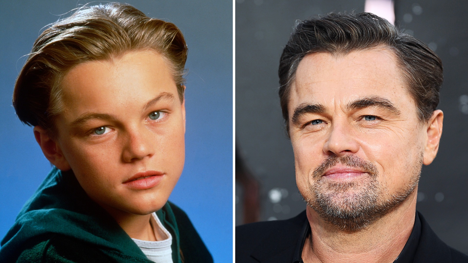 Split image of Leonardo DiCaprio in Growing pains and in September 2025.