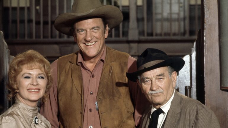 GUNSMOKE, from left: Amanda Blake, James Arness, Milburn Stone, (September 29, 1973), 1955-1975