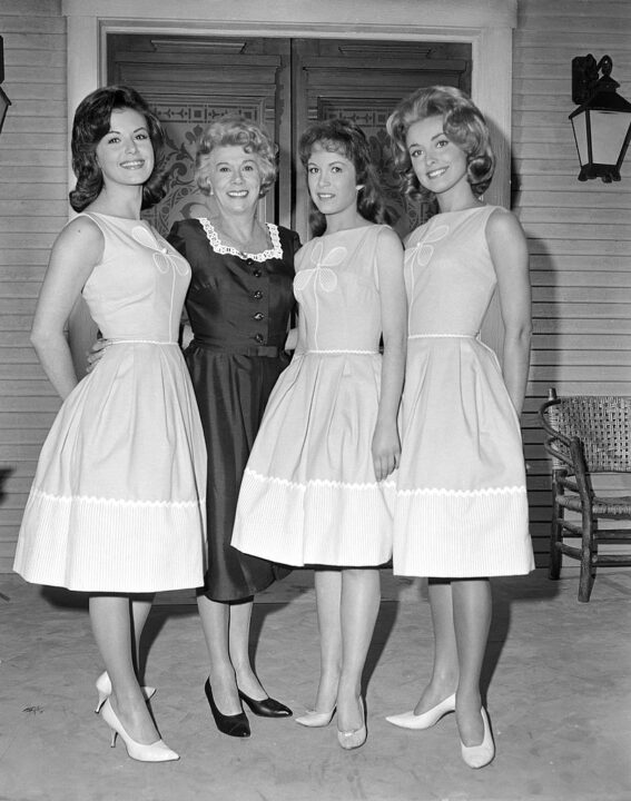 Portrait of an early version of the cast of 'Petticoat Junction,' California, April 24, 1963. Left to right, American actresses Pat Woodell (as Bobbie Jo), Bea Benaderet (as Kate Bradley) (1906 - 1968), Linda Kaye (as Betty Jo), and Sharon Tate (1943 - 1969) who tested for part of Billie Jo, but wasn't hired