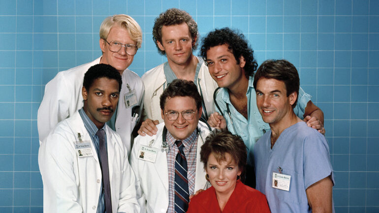 ST. ELSEWHERE, (top row, from left): Ed Begley Jr., David Morse, Howie Mandel, (middle): Denzel Washington, Stephen Furst, Mark Harmon, (bottom): Sagan Lewis, (1985), 1982-88.