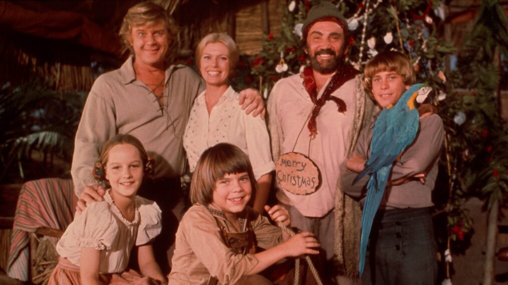 SWISS FAMILY ROBINSON, clockwise from front: Eric Olson, Helen Hunt, Martin Milner, Pat Delaney, Cameron Mitchell, Willie Aames, 1975-76.