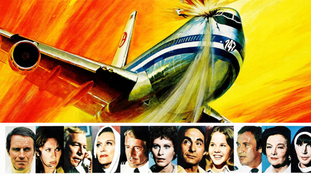 AIRPORT 1975, bottom l-r: Charlton Heston, Karen Black, George Kennedy, Gloria Swanson, Efrem Zimbalist Jr., Susan Clark, Sid Caesar, Linda Blair, Roy Thinnes, Myrna Loy, Helen Reddy on poster art, 1974