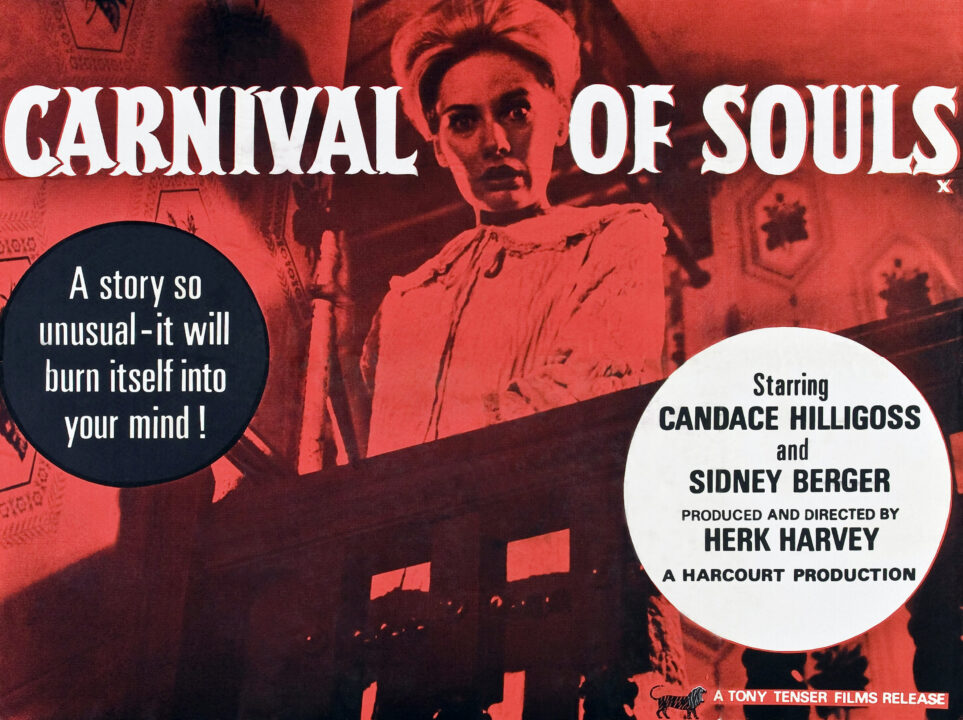 CARNIVAL OF SOULS, British quad poster art, Candace Hilligoss, 1962.