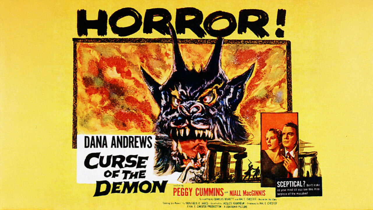 NIGHT OF THE DEMON, (aka CURSE OF THE DEMON), lower right: Peggy Cummins, Dana Andrews on title lobbycard, 1957